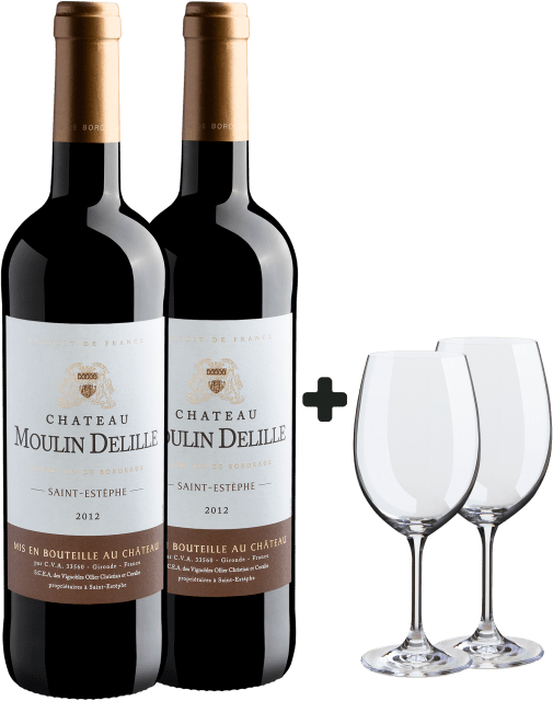 Kit 2 Château Moulin Delille Saint-Estéphe AOC 2012 + 2 Taças Grátis