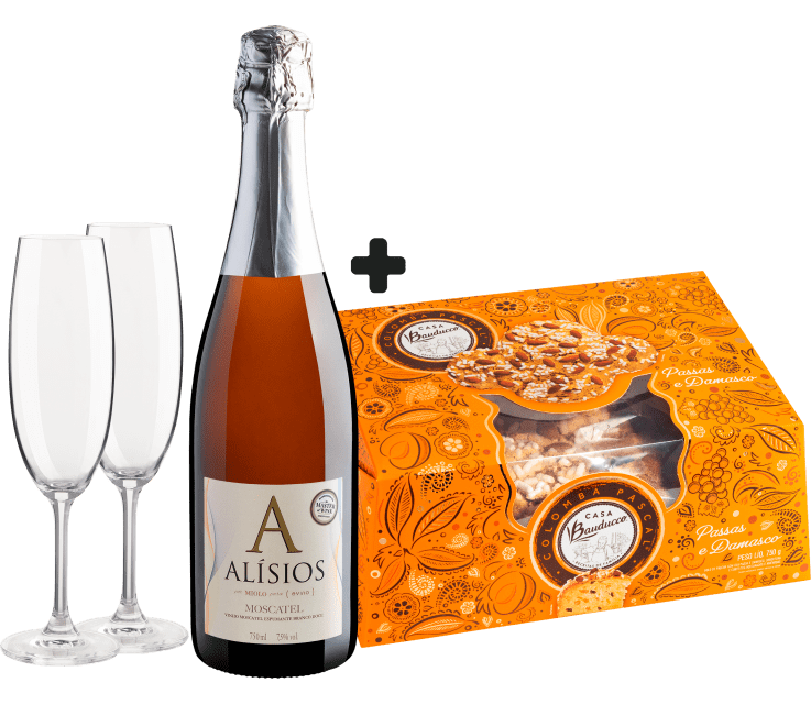 Kit Moscatel + Colomba Pascal Bauducco + 2 Taças de Cristal