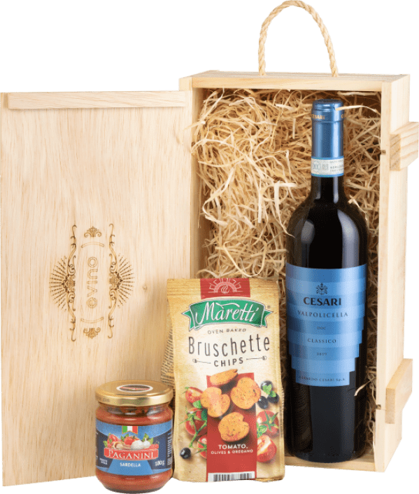 Kit Cesari Valpolicella Classico + Sardella + Bruschetta + Caixa de Madeira