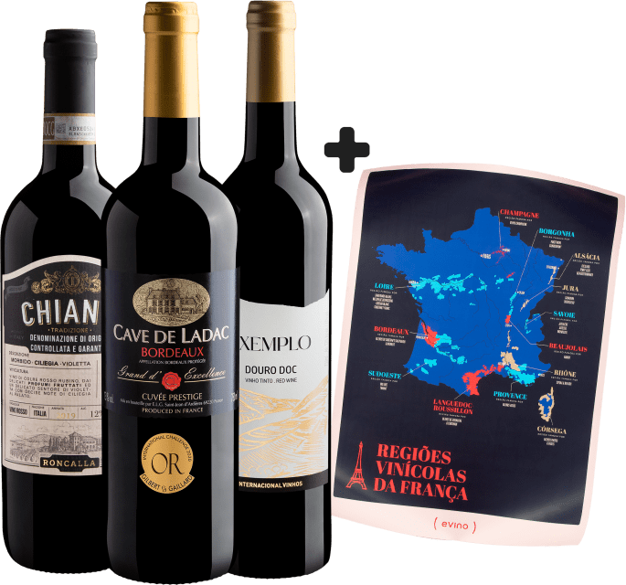 Kit Velho Mundo: 3 grandes rótulos + Pôster Regiões Vinícolas da França