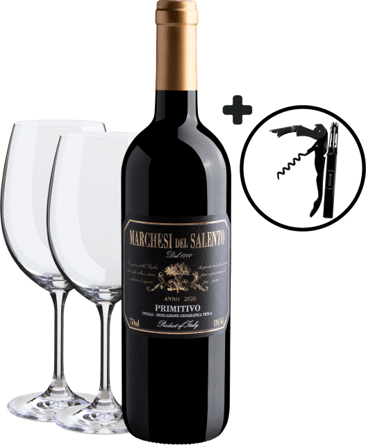 Kit Marchesi del Salento Primitivo Puglia IGT + 2 Taças de Cristal + Saca-Rolhas