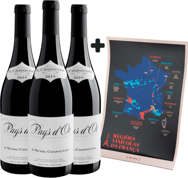 Kit 3 M. Chapoutier Pays d'Oc Rouge 2019 + Mapa das Regiões Vinícolas Francesas